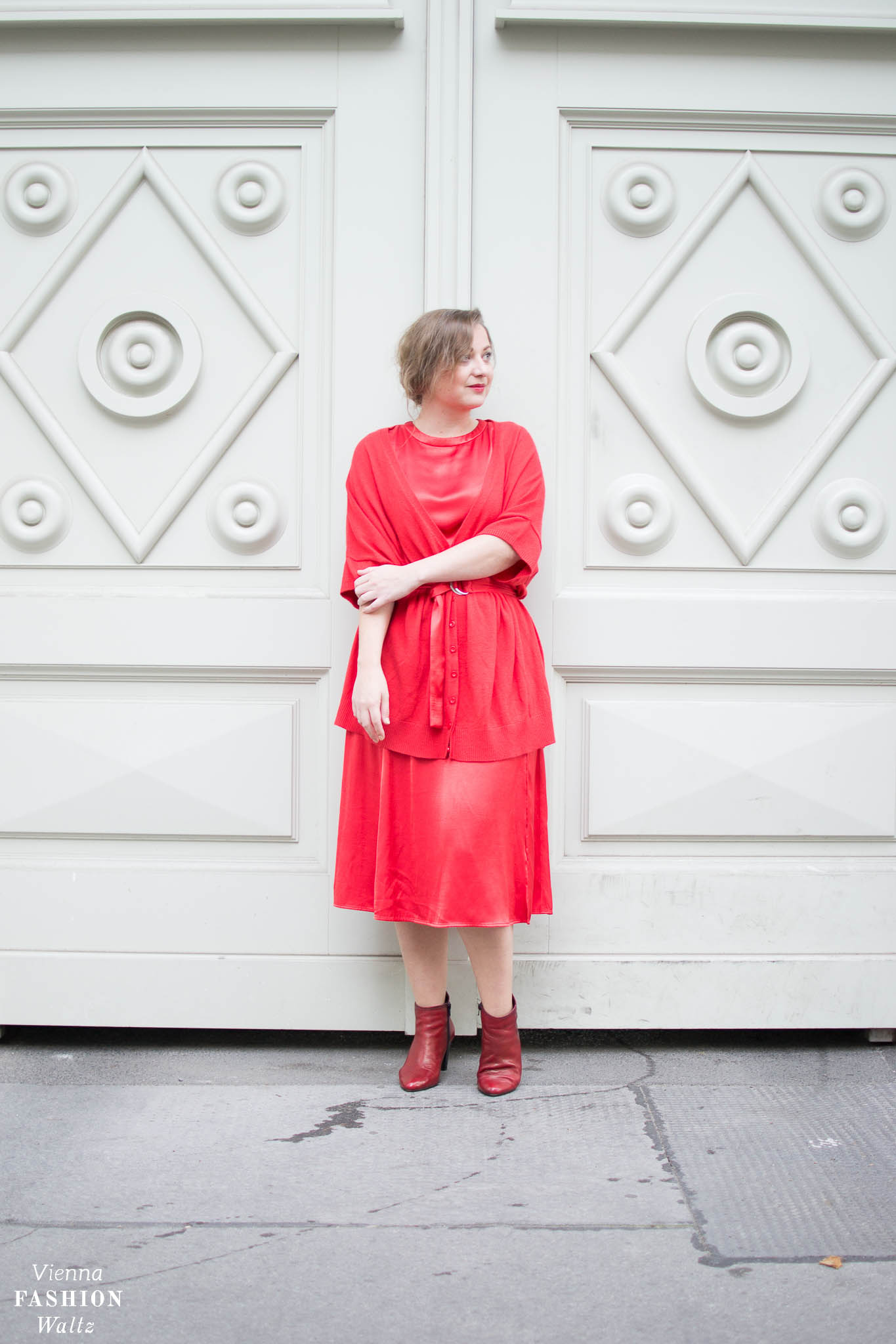 Red All Over Outfit | Mago dress, red boots, red cardigan